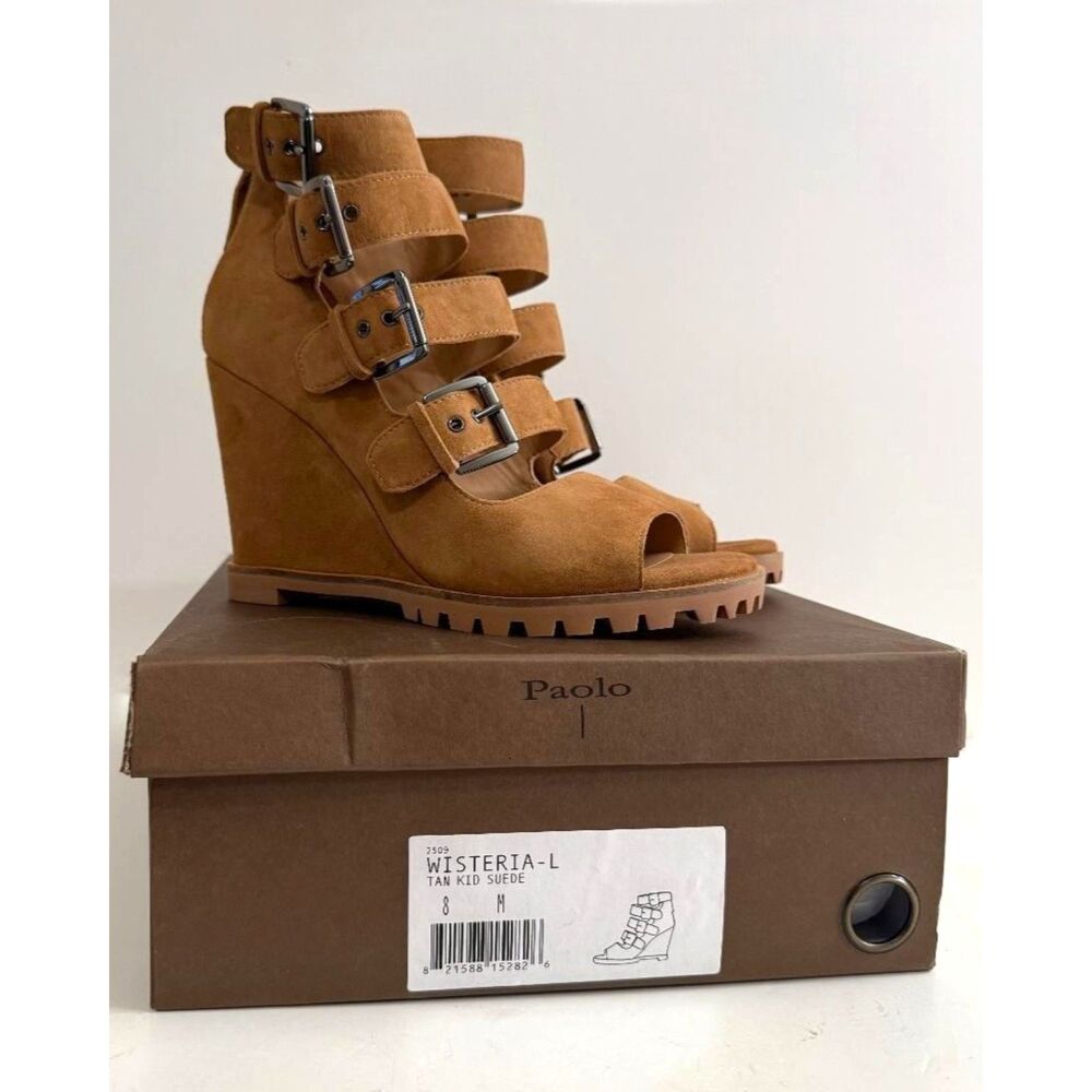 Linea Paolo Wisteria Buckle Wedge Tan Kid Suede Sandal, NEW! Size 8